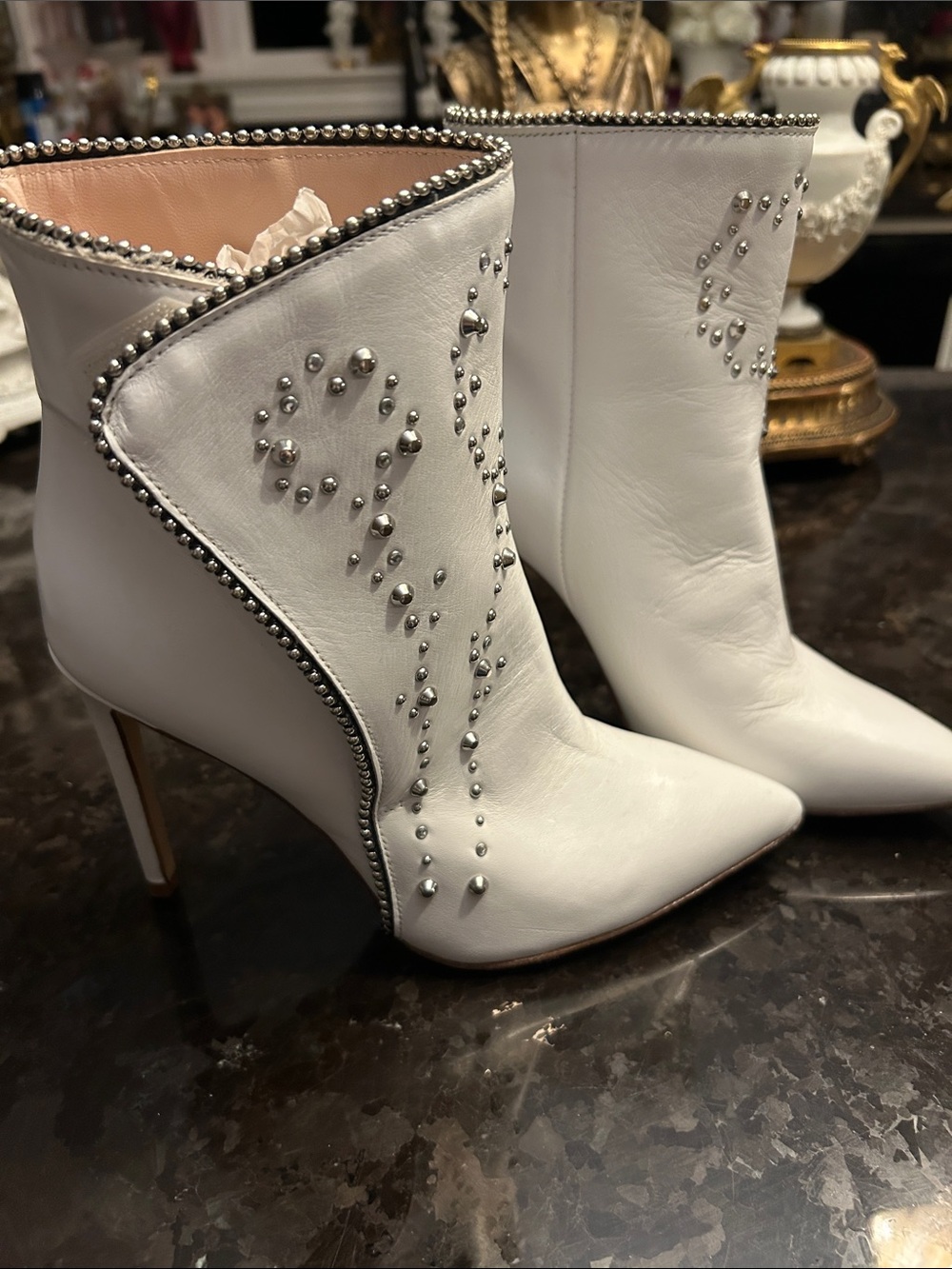 New White Leather Studded Pointed-Toe Stiletto Ankle Boots. Made in Italy